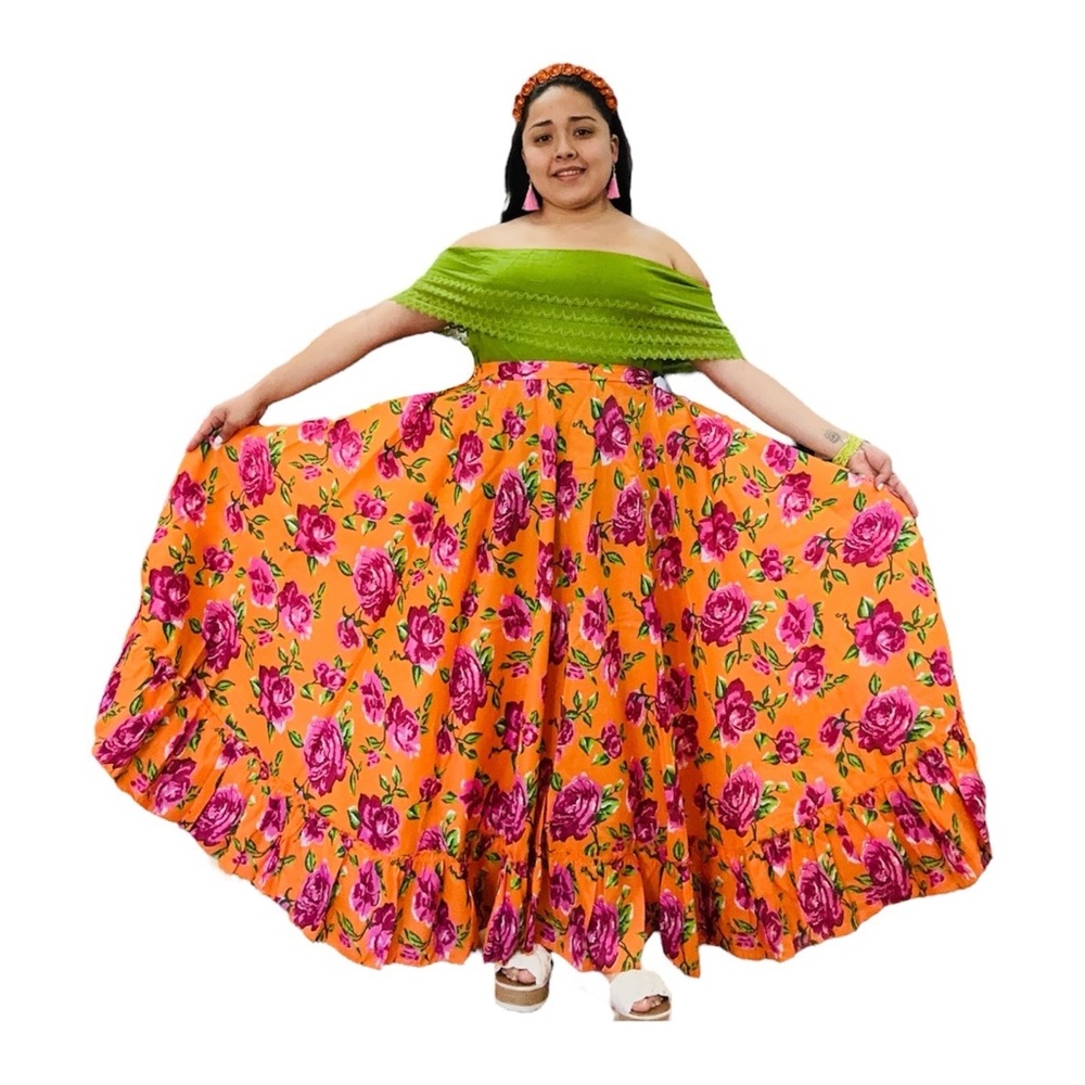 Mexican Folklorico Orange Floral Un Vuelo Skirt